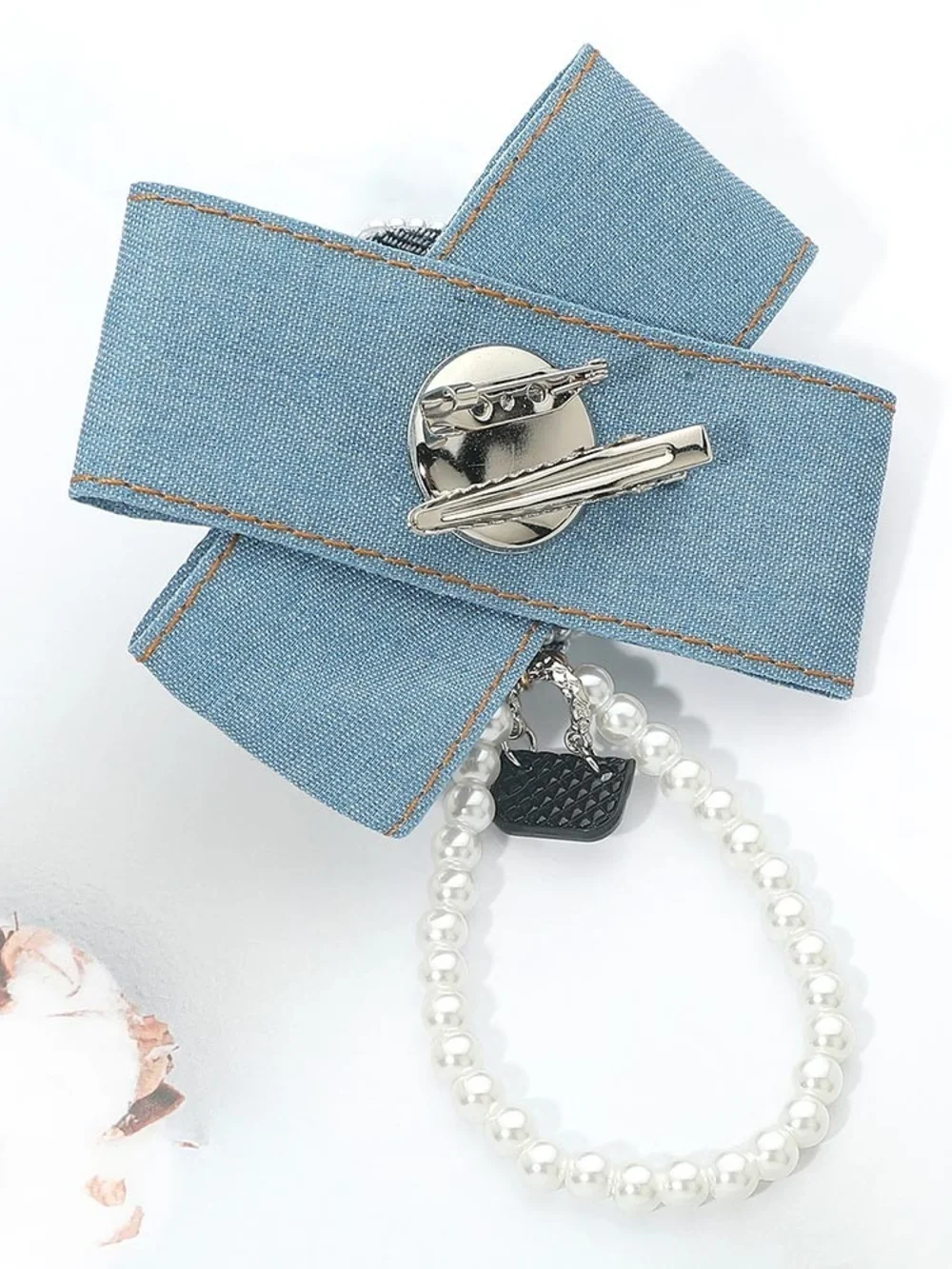 Pearl & Denim Flower Bow Brooch Hair Pin with Charm - White Pearl, Denim